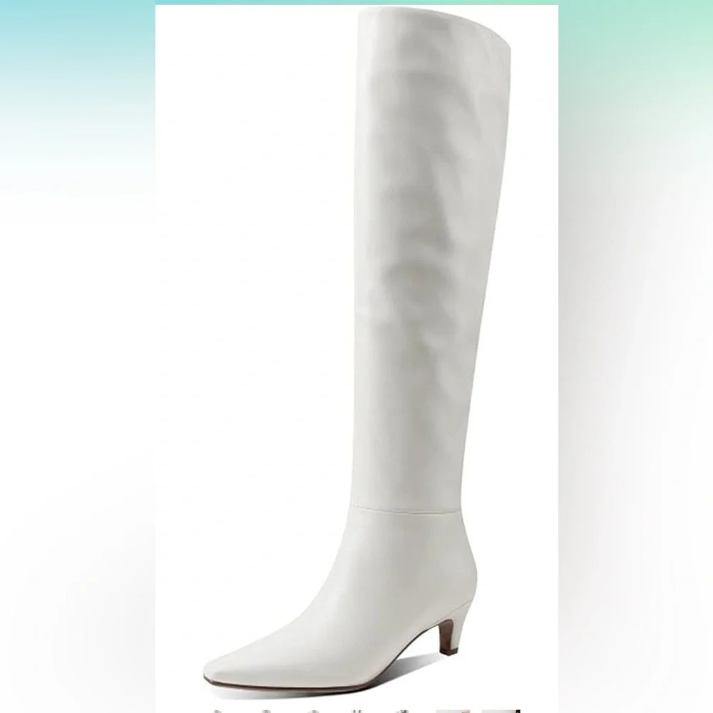 Square Toe Slip On Wide Calf Slouch Low Kitten Heel Over The Knee High Boots